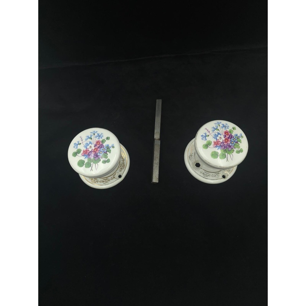 Antique Vintage Porcelain Door Knobs Set Matching Rosettes Gold Gilt Victorian